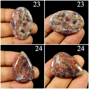 May include: Four polished cabochons of multicoloured agate gemstone. Two oval-shaped stones labelled 23 and two teardrop-shaped stones labelled 24. The stones feature intricate patterns of white, orange, brown, and translucent grey swirls and inclusions.