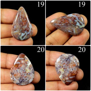 May include: Four polished cabochon gemstones labelled 19 and 20. These stones feature a complex pattern of swirling brown, white, and translucent grey colours with circular inclusions. Each piece is shaped into a smooth, rounded teardrop form.