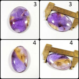 May include: Four images of oval-shaped gemstones. The gemstones display a mix of purple, yellow, and brown hues. A measuring tool is placed on two of the gemstones. The images are numbered 3 and 4.