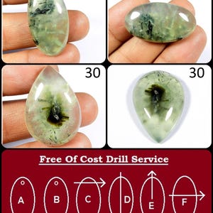 May include: Four green and black gemstone cabochons, two oval and two teardrop shaped, with a free drill service option. The options include drilling a hole in the top, bottom, or side of the stone.  The text "Free Of Cost Drill Service" is printed below the stones.
