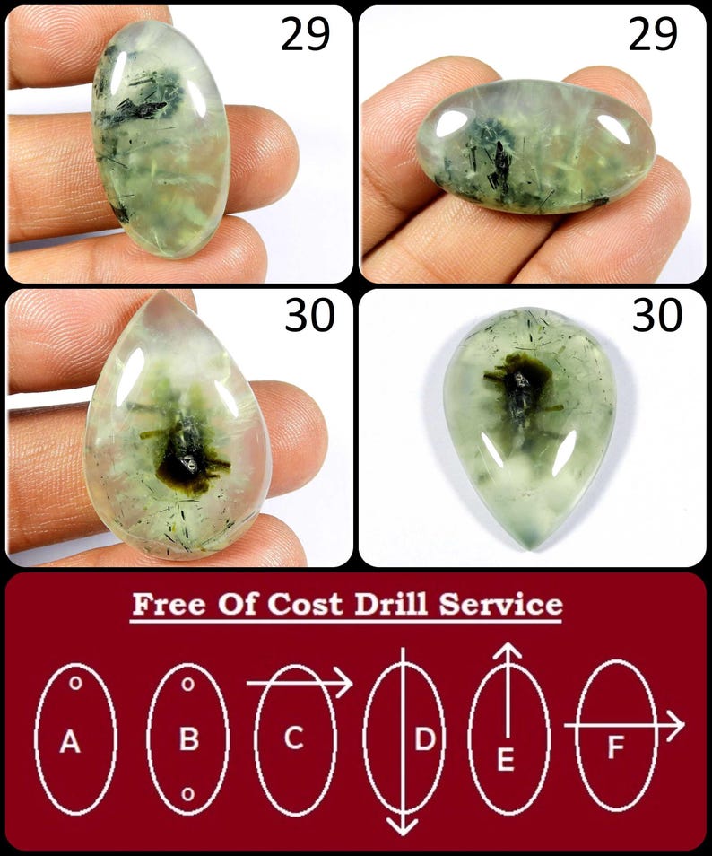 May include: Four green and black gemstone cabochons, two oval and two teardrop shaped, with a free drill service option. The options include drilling a hole in the top, bottom, or side of the stone.  The text "Free Of Cost Drill Service" is printed below the stones.