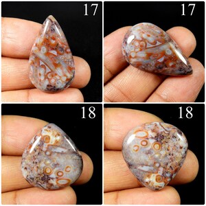 May include: Four polished cabochon gemstones featuring a complex pattern of circular and elongated inclusions in shades of rust orange, cream, and dark brown. The stones are shaped as teardrops and rounded triangles, each labelled with the number 17 or 18.