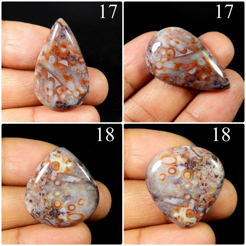 May include: Four polished cabochon gemstones featuring a complex pattern of circular and elongated inclusions in shades of rust orange, cream, and dark brown. The stones are shaped as teardrops and rounded triangles, each labelled with the number 17 or 18.