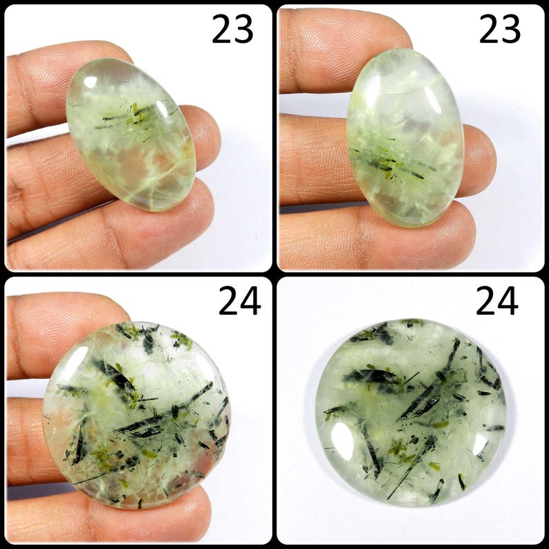 May include: Four green and black gemstone cabochons, two oval and two round, with the numbers 23 and 24 printed on the image.