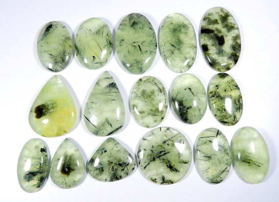 Green Rutlated Prehnite Gemstone. Green Prehnite Cabochon. Natural Black Needle Prehnite. Wholesale Prehnite Loose For Jewelry.