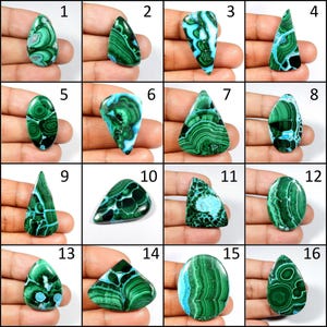 May include: Assortment of 16 green and blue malachite cabochons, each with unique patterns and shapes. The cabochons are displayed on hands, numbered 1 through 16.