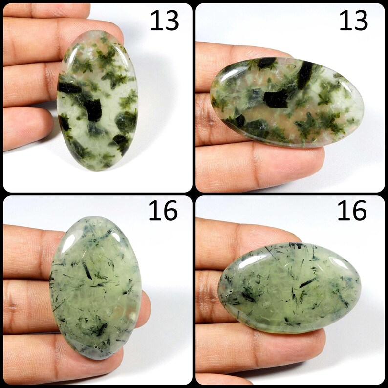 May include: Four oval-shaped green and black gemstone cabochons. The cabochons are set against a white background. The numbers 13 and 16 are visible in the image.