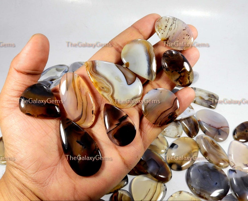 May include: Assortment of agate cabochons in various shades of brown, white, and gray. The cabochons are teardrop and oval shaped, with intricate banding patterns.