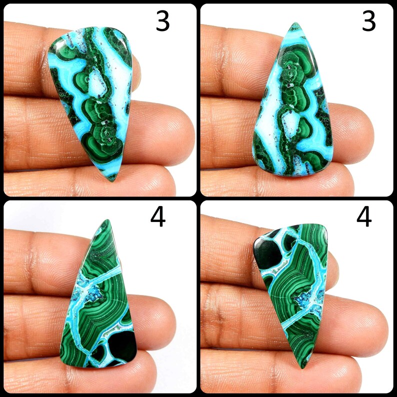 May include: Four green and blue gemstone cabochons with a triangular shape. The cabochons have a swirling pattern of green, blue, and white.