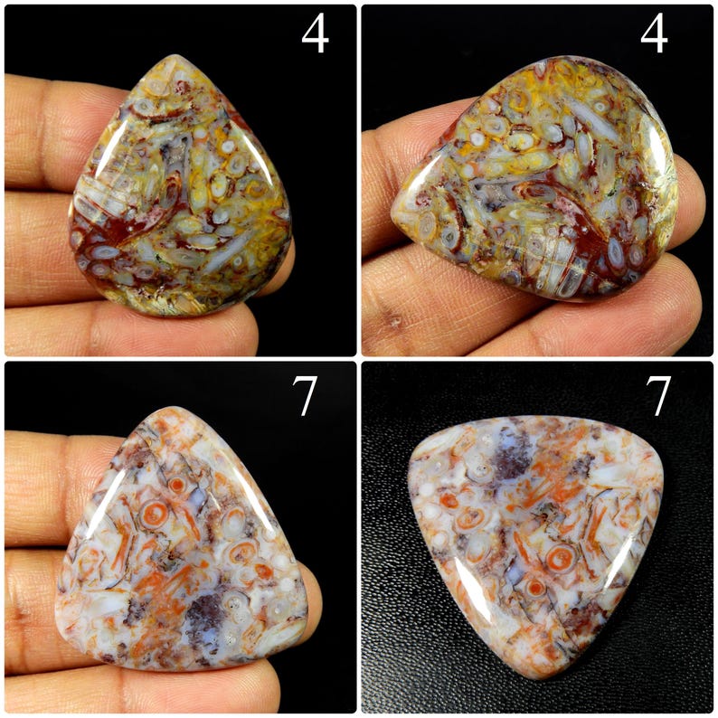 May include: Four polished cabochons of patterned agate stone. Two teardrop-shaped stones labelled 4 feature deep red, yellow, and white circular inclusions. Two triangular stones labelled 7 display a lighter mix of orange, white, and grey patterns.