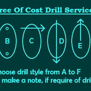 May include: A dark teal graphic displaying six oval shapes labelled A through F, each showing different drill hole positions. The text reads: Free Of Cost Drill Service. Choose drill style from A to F and make a note, if require of drill.