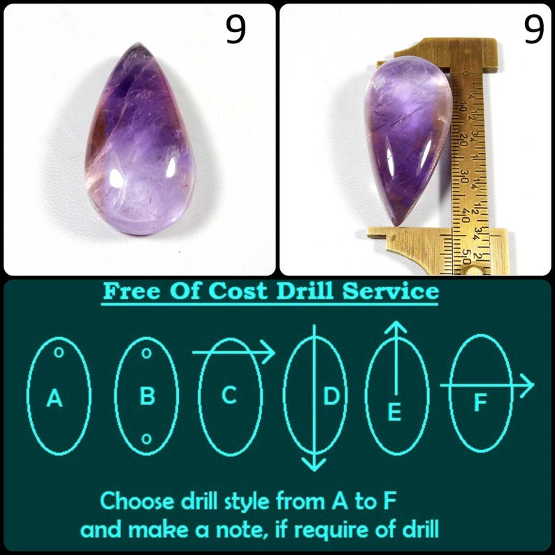 May include: A teardrop-shaped amethyst gemstone with a gradient of purple and brown hues. The image includes a ruler showing the gemstone's length. The bottom section displays drilling options labeled A through F, with the text "Free Of Cost Drill Service".