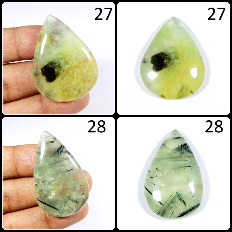 May include: Four teardrop-shaped green and black gemstone cabochons. The cabochons are set in a polished, smooth finish. The cabochons are labeled with the numbers 27 and 28.