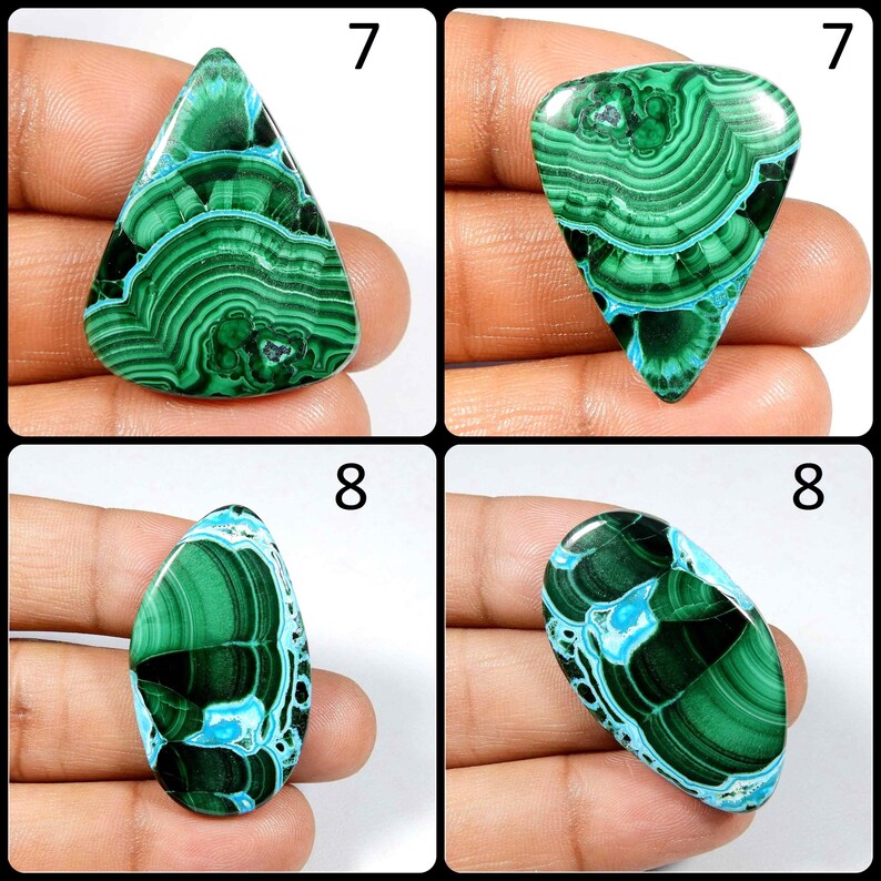 May include: Four green and blue gemstone cabochons, two in a triangle shape and two in an oval shape. The cabochons are set in a hand for size reference.