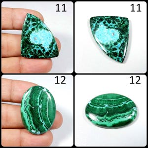 May include: Two sets of cabochon gemstones. The first set is two triangular green and blue chrysocolla stones. The second set is two oval green and blue chrysocolla stones.