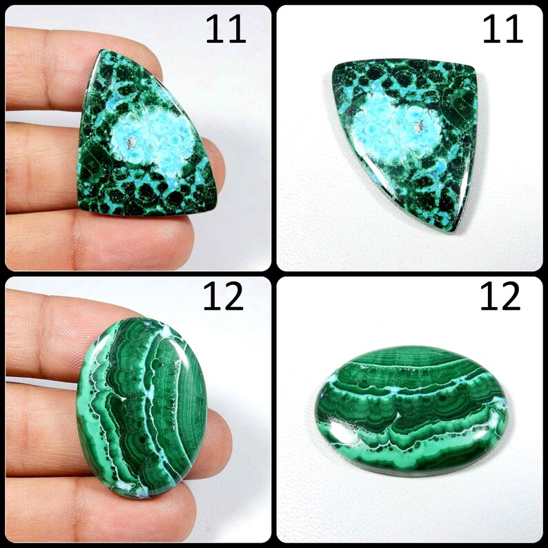 May include: Two sets of cabochon gemstones. The first set is two triangular green and blue chrysocolla stones. The second set is two oval green and blue chrysocolla stones.