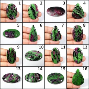 May include: Assortment of 16 green, black, and pink gemstone cabochons in oval and teardrop shapes.
