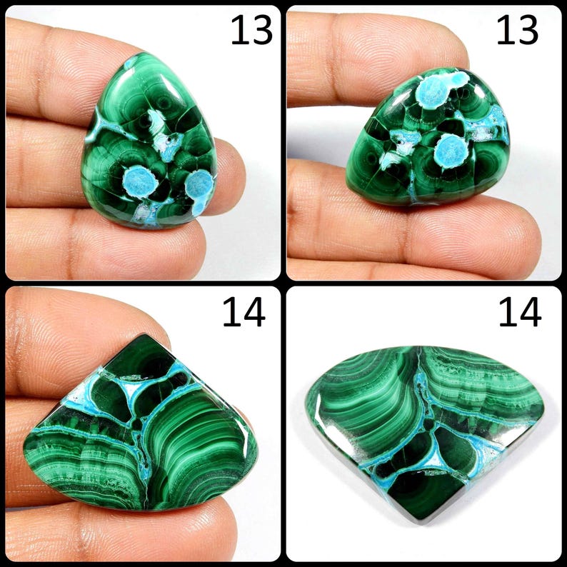 May include: Four cabochon gemstones, two green with blue and white patterns, two green with blue and white swirls. The stones are labeled 13 and 14.