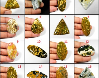 May include: Assortment of 16 polished, natural, green, brown, and white ocean jasper cabochons. The cabochons are various shapes and sizes, including oval, teardrop, and triangular.