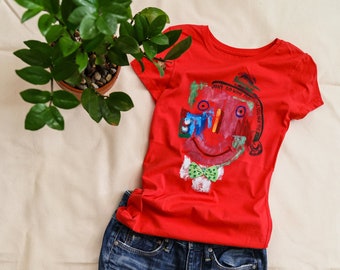 Short Sleeve T-shirt 100% organic cotton garment dye handmade patchwork hand-painted by artist tank top tee side-seamed for girls woman her