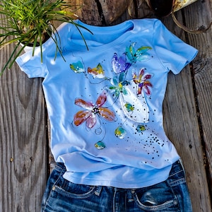 Short Sleeve T-shirt 100% organic cotton garment dye handmade patchwork hand-painted by artist tank top tee side-seamed for girls woman her