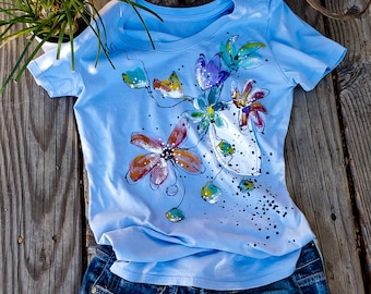 Short Sleeve T-shirt 100% organic cotton garment dye handmade patchwork hand-painted by artist tank top tee side-seamed for girls woman her