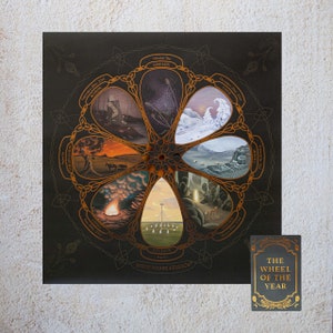 May include: A black and gold circular illustration of the Wheel of the Year, a pagan calendar that marks the eight seasonal festivals. The illustration features a stylized Celtic knot design with eight spokes, each representing a different festival. The festivals are labeled with their names and dates, including Samhain, Yule, Imbolc, Ostara, Beltane, Litha, Lammas, and Mabon. The text "Moon Phase Studios" is printed at the bottom of the illustration.