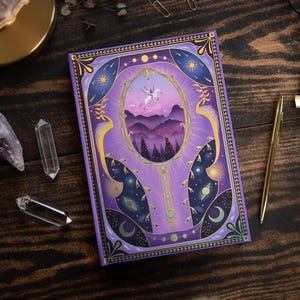 May include: Purple journal with a gold ornate border and a mirror image of a mountain landscape with a flying fairy. The mirror is surrounded by stars and moons.