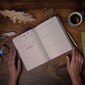 May include: An open journal with a purple cover and gold accents. The pages are filled with lined and gridded sections. The journal is open to a page with the heading "Insights" and "Interpretation". The journal is on a wooden table with a cup of tea, a pen, a bookmark, and crystals.