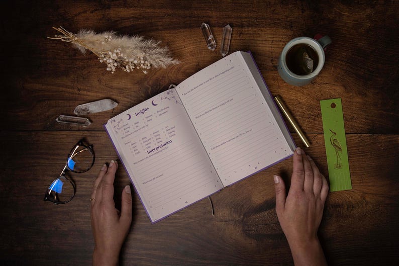 May include: An open journal with a purple cover and gold accents. The pages are filled with lined and gridded sections. The journal is open to a page with the heading "Insights" and "Interpretation". The journal is on a wooden table with a cup of tea, a pen, a bookmark, and crystals.