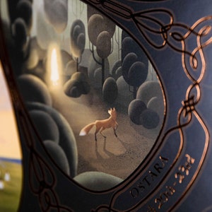 May include: A dark blue background with a copper-colored border and a circular image of a fox walking through a forest. The image is surrounded by a copper-colored design. The text "OSTARA" and "2021-23rd" are visible in the lower right corner.