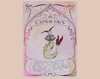 Impresión del zodiaco Capricornio: Arte de acuarela celestial