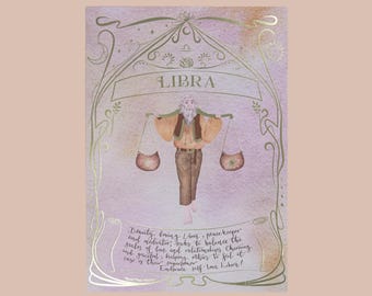 Impresión del zodíaco Libra: Arte de acuarela celestial