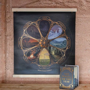 May include: A black and gold poster with a circular design depicting the Wheel of the Year, a pagan calendar. The poster is framed with a wooden dowel rod and features the names of the eight sabbats: Imbolc, Ostara, Beltane, Litha, Lammas, Mabon, Samhain, and Yule. The poster is titled "Moon Phase Studios".