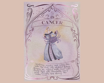 Impresión del signo zodiacal de Cáncer: Arte celestial en acuarela con lámina