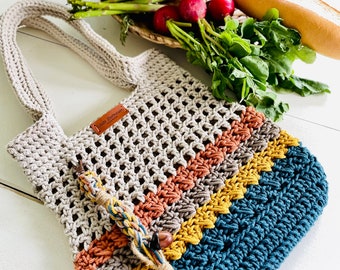Macrame Tote Casual Tote Bag Multicolor Shoulder Bag Bohemian Style Shoulder Bag Light Weight Macarame Book Bag for School Recycled Cotton