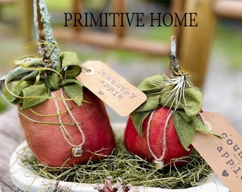 Primitive Farmhouse Country Apples Vintage Rustic Decor Handmade Muslin Fabric Autumn Coffee Staining with Cinnamon Clove Grunge Folk Art