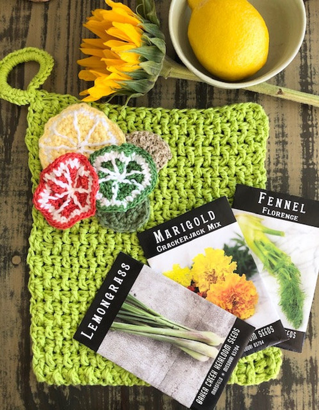 Crocheted Washcloth Lime Green Handmade 100 Cotton/ Lemon Lime and Orange Crocheted Fruit