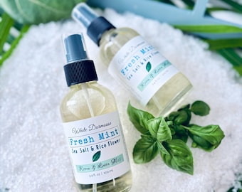 Fresh Mint Sea Salt Room Linen Mist Crisp Clean Essential Oil Fragrance Home Office Spray Spearmint Wintergreen Pink Flowers Cotton Aroma
