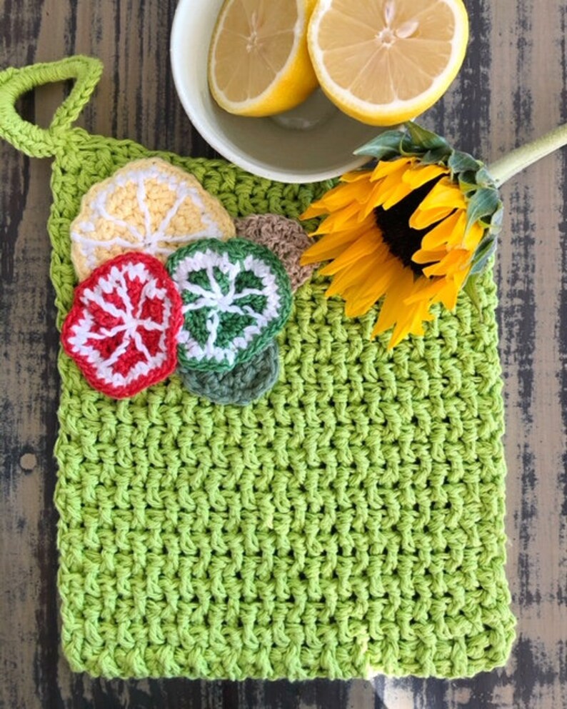 Crocheted Washcloth Lime Green Handmade 100 Cotton/ Lemon Lime and Orange Crocheted Fruit