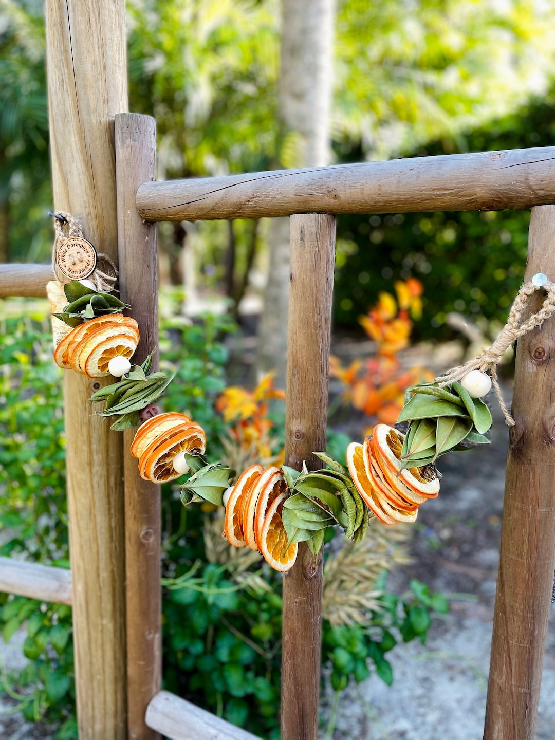 Dried Fruit Garland Handmade Baked Orange Slices Lemon Bay Rum Leaves Wood Beads Bells Twine