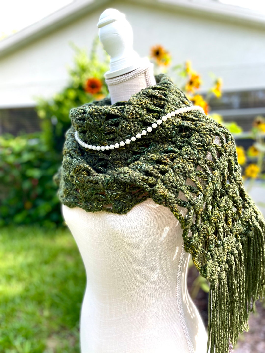 Dark Olive Crochet Scarf Variegated Hand Dyed Marino Wool Acrylic