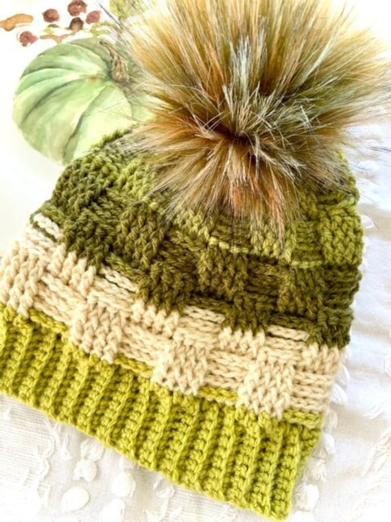 Crochet Slouchy Pistachio Color Hat Basket Weave With Camo  display picture 3
