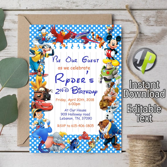 Disney Invitation Disney Character Birthday Invitation Etsy