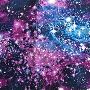 May include: A purple and blue galaxy print fabric with white glitter stars. The fabric has a dark blue background with purple and blue swirls and white glitter stars.
