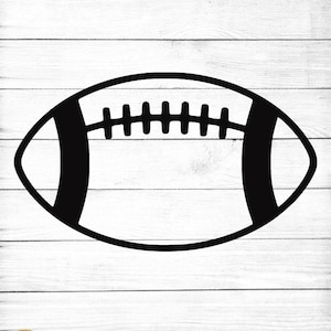 May include: A black outline of an American football against a white wood-grain background. The football has vertical stripes on each end and horizontal lines across the centre. The image includes the text "SVG - DXF - PNG" and "Instant Download Digital Cut Files".
