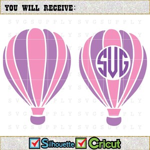May include: Two hot air balloon SVG cut files. One balloon is plain and the other has a monogram in a circle in the center. Both balloons are pink and purple.