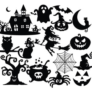 May include: Black and white Halloween clip art set featuring a haunted house, a witch flying on a broomstick, a ghost, a spider web, a pumpkin, a cat, an owl, a cauldron, a spider, and a tree.