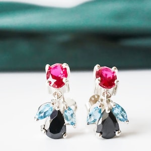 925 Sterling Silver Gemstone Stud Earrings, Blue Topaz Multicolor Spinel Ruby Earrings, Gift for Her, Handmade Gemstone Birthday Gift Studs