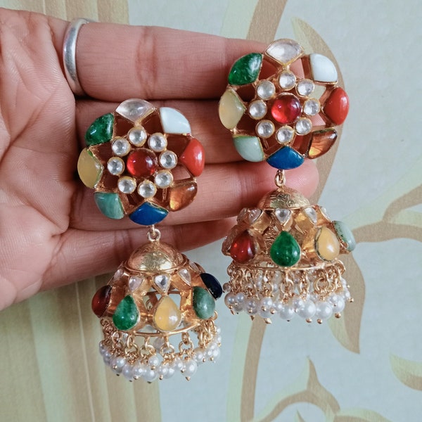Handmade Navratan Gemstone Earrings, Antique Religious Spritual Brass Dangle Jhumka Earrings, MultiColor Wedding Bridel Jewelry For Women"s